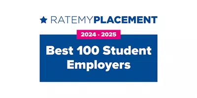 RATEMYPLACEMENT logo presents "Best 100 Student Employers" for the 2024-2025 timeframe. The text is prominently displayed on a blue background, emphasizing student opportunities and employer recognition.