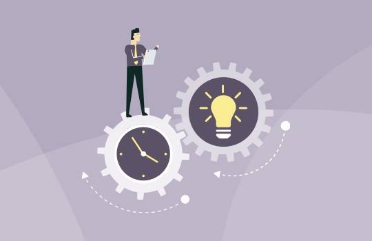 A person stands on a large gear, holding a clipboard, while another gear, featuring a lightbulb, rotates nearby. The background is a soft purple gradient, enhancing a creative theme.