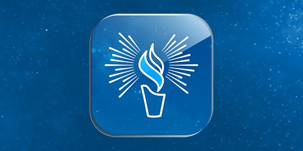 A stylized blue flame, resembling a spirited torch, radiates light and energy. The background is a textured blue, enhancing the flame’s vibrancy and symbolism of illumination and inspiration.