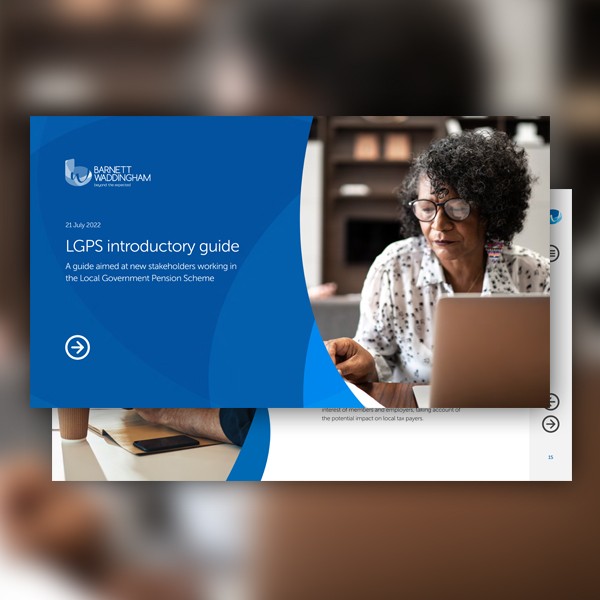A digital document titled "LGPS introductory guide" features a woman, wearing glasses, engaged with a laptop. The context suggests a workspace, likely involving discussions on pension schemes.