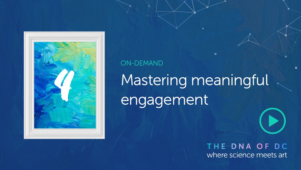 A framed artwork displays abstract brush strokes in blue and green, with the number "4" prominently featured. Text includes "ON-DEMAND," "Mastering meaningful engagement," and "THE DNA OF DC where science meets art."