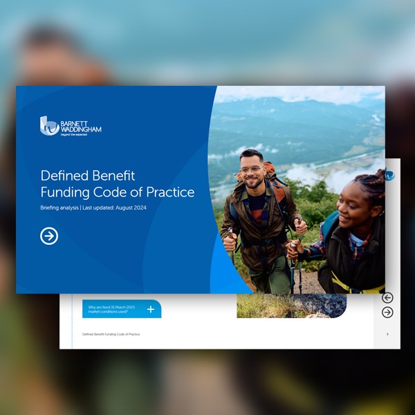 A digital document titled "Defined Benefit Funding Code of Practice" features two hikers smiling while holding trekking poles, set against a scenic mountainous backdrop, indicating an outdoor exploration context.