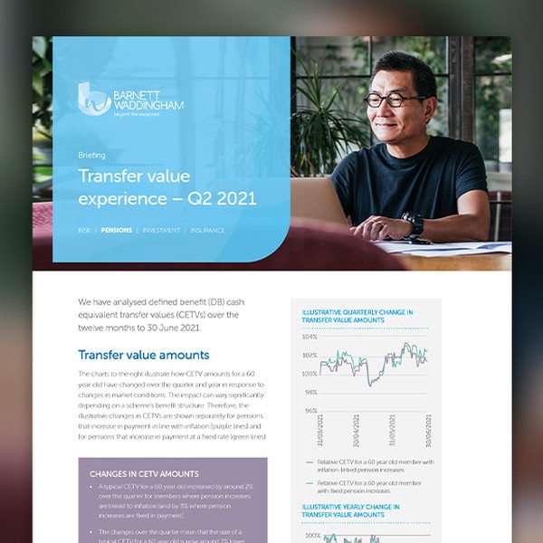 A man in glasses sits at a table, analyzing documents about pension transfer values. The background features a report header with charts detailing changes in cash equivalent transfer values.