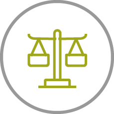 A set of scales is balanced, with equal weight on both sides. The scales are centrally mounted and enclosed within a circular outline, conveying a sense of fairness or justice.