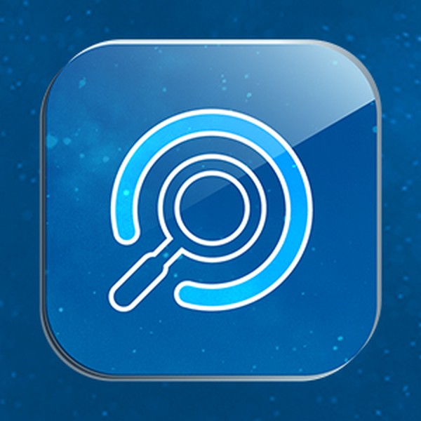 A blue square icon features a magnifying glass with concentric circles around it, suggesting searching or discovering. The background is a textured deep blue, enhancing the focus on the icon.