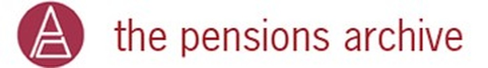 A circular logo features a stylized pyramid in white on a red background. Below, the text reads "the pensions archive" in a clean, sans-serif font. The design conveys a professional and institutional theme.