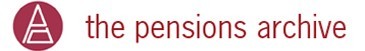 A circular logo features a stylized pyramid in white on a red background. Below, the text reads "the pensions archive" in a clean, sans-serif font. The design conveys a professional and institutional theme.