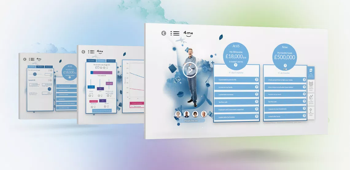 A digital financial interface displays information about pension options and transfer funds. It features interactive elements, graphs, and bullet points outlining benefits and considerations for different scenarios, set against a colorful background.
