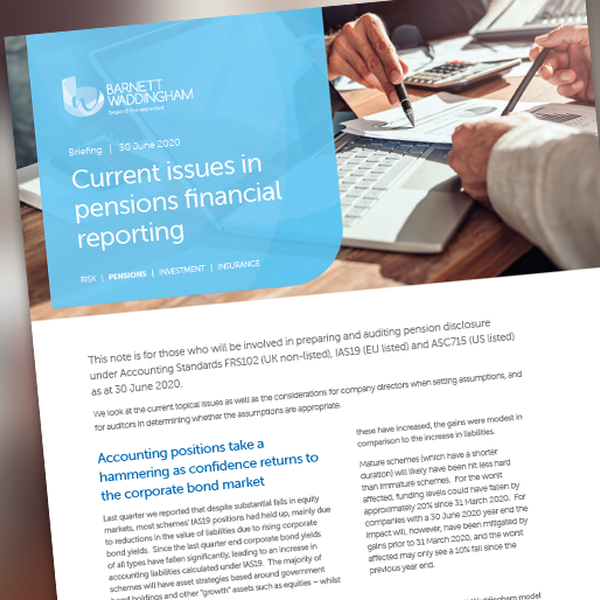 A document titled "Current issues in pensions financial reporting" features text discussing accounting standards related to pension disclosures, with a focus on financial impacts in the bond market. The header includes a date and firm logo.