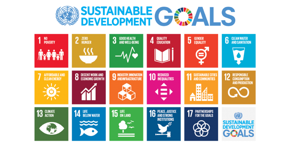 Colorful icons represent the United Nations Sustainable Development Goals, each depicting different themes such as poverty, education, and climate action, organized in a grid against a black background.