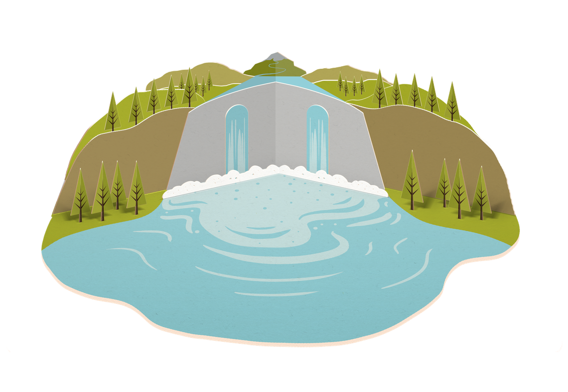 A visually stylized waterfall cascades from a gray structure into a swirling blue pool, surrounded by green hills and trees, creating a serene natural scene.