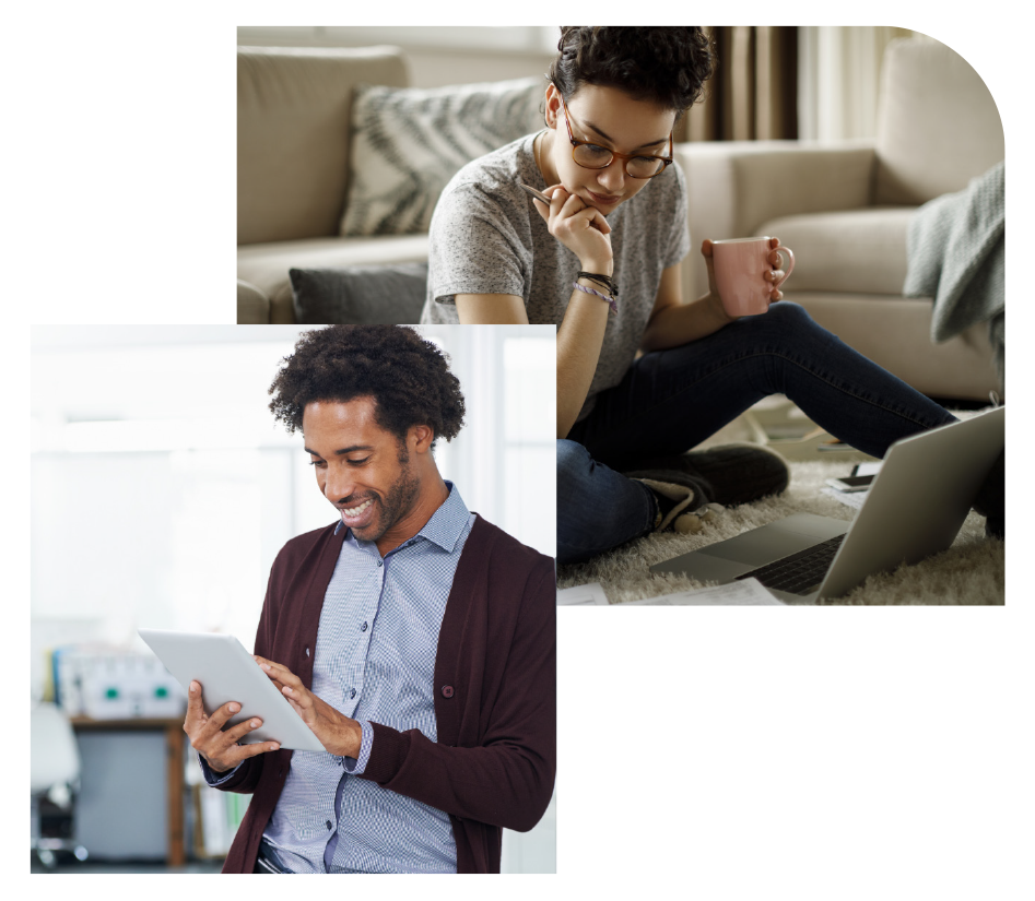 A woman sits thoughtfully on a rug with a mug, looking at her laptop, while a man smiles and interacts with a tablet in a bright, cozy indoor setting.