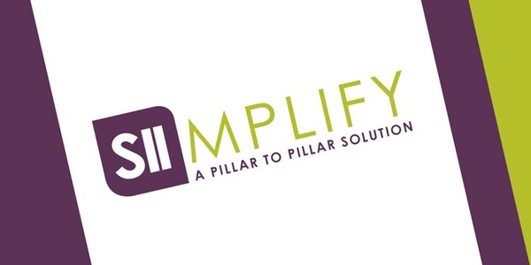 A logo features the word "SII" above "MPLIFY" in green, with the tagline "A PILLAR TO PILLAR SOLUTION" in purple. The background is divided into purple and green sections.