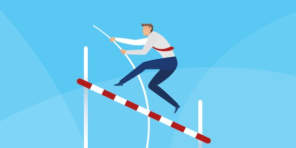 A person balances on a red-and-white-striped bar, using a pole for support. The bright blue background features soft curves, emphasizing a sense of motion and activity.