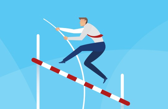 A person balances on a red-and-white-striped bar, using a pole for support. The bright blue background features soft curves, emphasizing a sense of motion and activity.