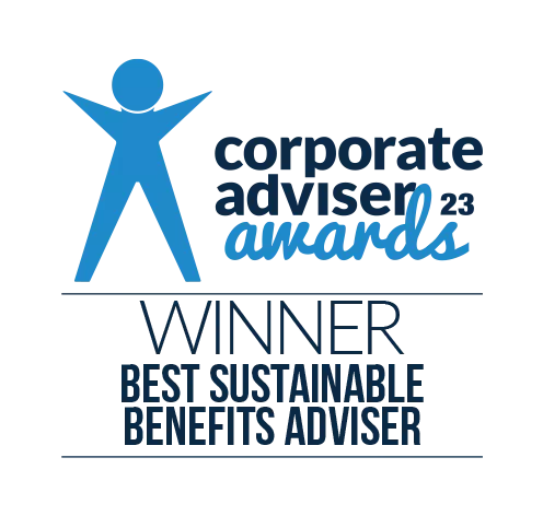 A blue and black logo features a stylized human figure. Text includes "corporate adviser awards 23," "WINNER," and "BEST SUSTAINABLE BENEFITS ADVISER," indicating a recognition in sustainability.