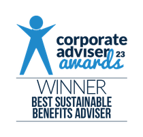 A blue and black logo features a stylized human figure. Text includes "corporate adviser awards 23," "WINNER," and "BEST SUSTAINABLE BENEFITS ADVISER," indicating a recognition in sustainability.