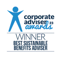 A blue and black logo features a stylized human figure. Text includes "corporate adviser awards 23," "WINNER," and "BEST SUSTAINABLE BENEFITS ADVISER," indicating a recognition in sustainability.